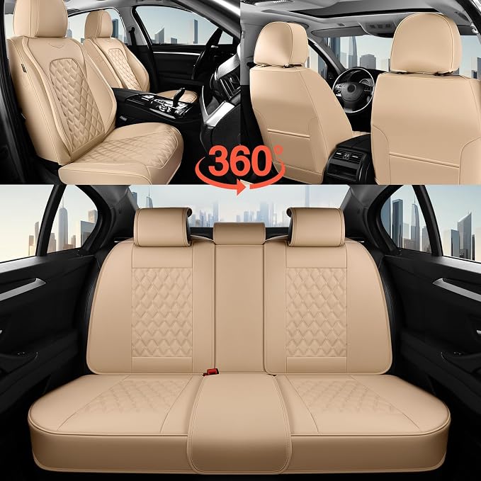 Coverado Rear Seat Covers, Soft Waterproof Faux Leather Rear Protectors for Sedan SUV Truck, Minimalist Comfortable Anti-Stain Interior – Beige - Image 7