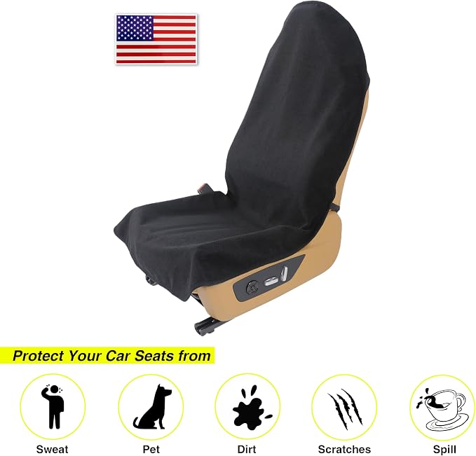 Waterproof Towel Car Seat Cover, Sweatproof Non-Slip Seat Protector, Universal Fit for Front Bucket or Rear Bench Seat of Cars, SUVs, Vans, Trucks, Compatible with Airbags and Armrests (Black, 2 Pack) - Image 2