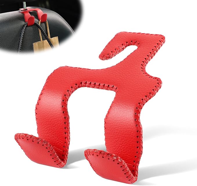 LivTee Upgraded Superior Leather Car Seat Back Headrest Hook, 2 in 1 Auto Seat Hook Hangers Holder Organization Interior Accessories for Purses Coats Umbrellas Grocery Bags Handbag (Red) by LivTee