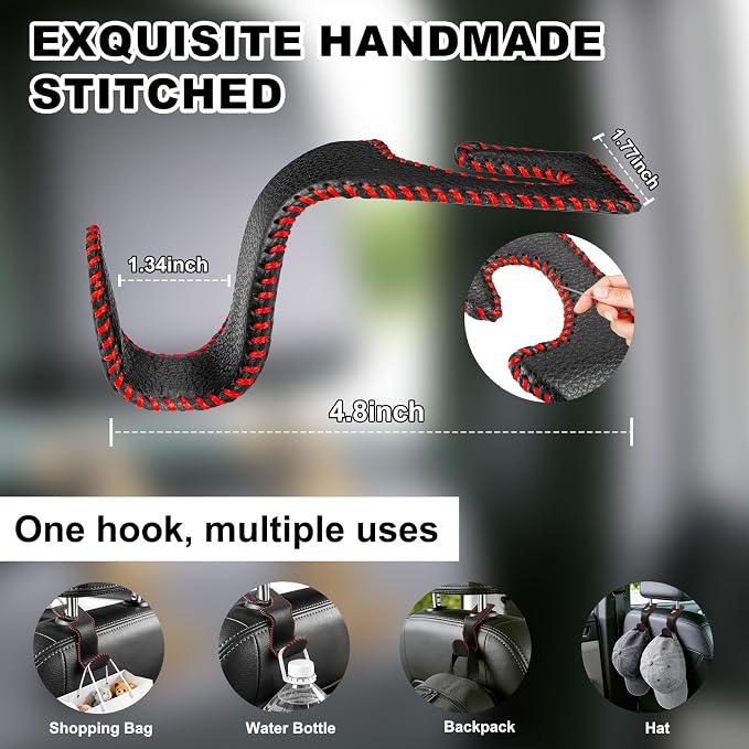 EldHus Car Seat Hooks for Purses and Bags, 4 Pack Car Purse Holder for Grocery Bag Handbag Clothes, Metal Headrest Hooks Covered by Leather, Black Red - Image 4