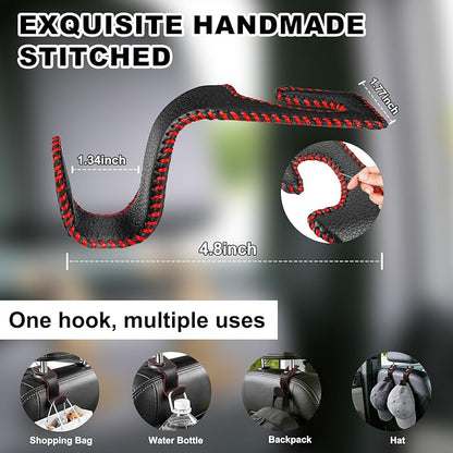 EldHus Car Seat Hooks for Purses and Bags, 4 Pack Car Purse Holder for Grocery Bag Handbag Clothes, Metal Headrest Hooks Covered by Leather, Black Red - Image 4