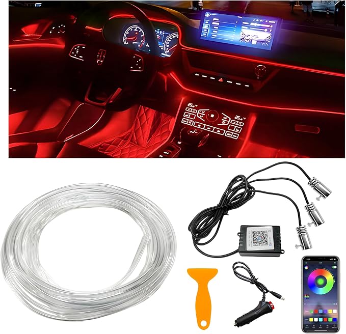 Interior Car LED Strip Lights with APP Control, 3 in 1 RGB Ambient Lighting Kit with 197 inches Fiber Optic, 16 Million Colors Music Sync LED Vehicle Cigarette Lighter Neon Strip by Unknown