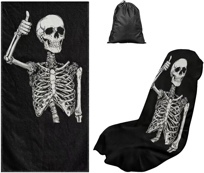 Funny Skeleton Towel Seat Covers for Cars Front Seat Towel Cover | Skull Skeleton Sweat Seat Cover Protector Universal Non Slip Waterproof Sweat Protector with Storage Bag for Yoga Beach Gym by YMPUDXFI