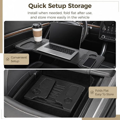 Foldable Car Desk Tray, Expandable Steering Wheel Table | Expandable car desk opens into a wider tabletop for laptop work or meals; with phone slot, cup holders and textured surface - Image 8