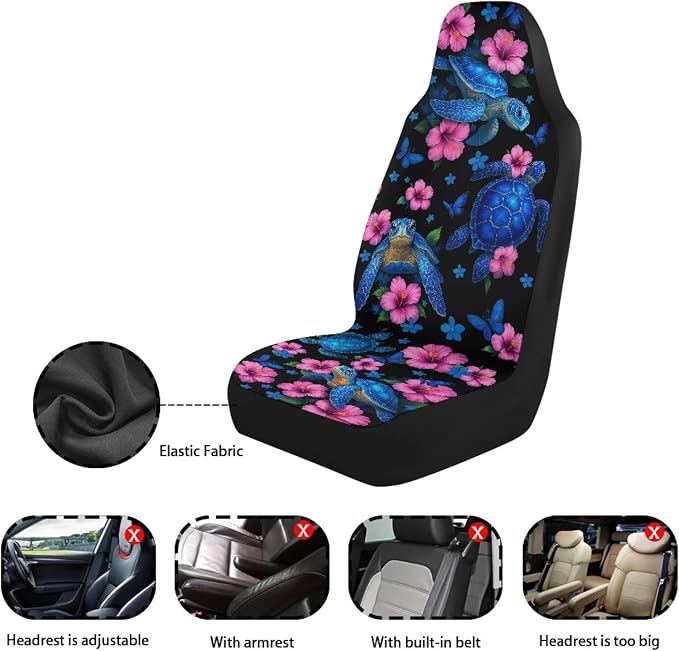 Hibiscus Flower Car Seat Covers Front Set Car Seats for Men Women, Sea Turtle Print Universal Fit Automotive Seat Covers for SUV, Sedan, Van - Image 6