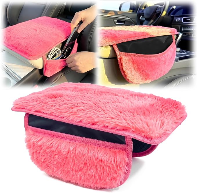 Plush Fuzzy Fur Car Center Console Cover with Side Pockets, Fluffy Armrest Cushion Pad, Soft Car Interior Accessories with Storage for Women. Universal Fit for Vehicles SUV Truck (Pink) by Unknown
