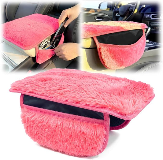 Plush Fuzzy Fur Car Center Console Cover with Side Pockets, Fluffy Armrest Cushion Pad, Soft Car Interior Accessories with Storage for Women. Universal Fit for Vehicles SUV Truck (Pink) by Unknown