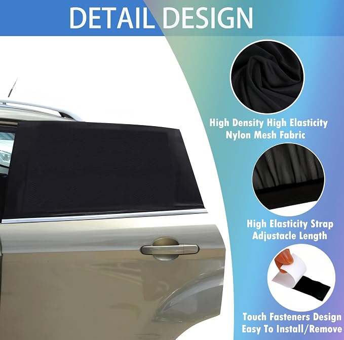 Car Window Shades for Baby - 2 Pack Sun Shade Blocker, Breathable Mesh Rear Side Window Cover Sunshade for SUV, UV Protection for Baby Family Pet, Mosquito Bug Net Car Window Screens for Camping - Image 4