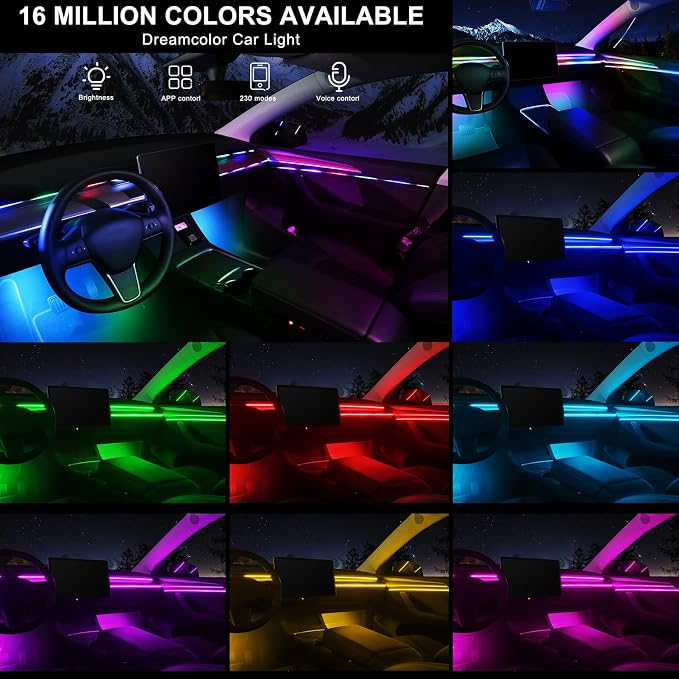 Dreamcolor Acrylic Interior Car LED Strip Light with Wireless APP, RGB 10 in 1 with 175 inches 593 Neon Car Ambient Lighting Kits, Dynamic Chasing Music Sync LEDs Fiber Optic Strip Lights for Car - Image 2