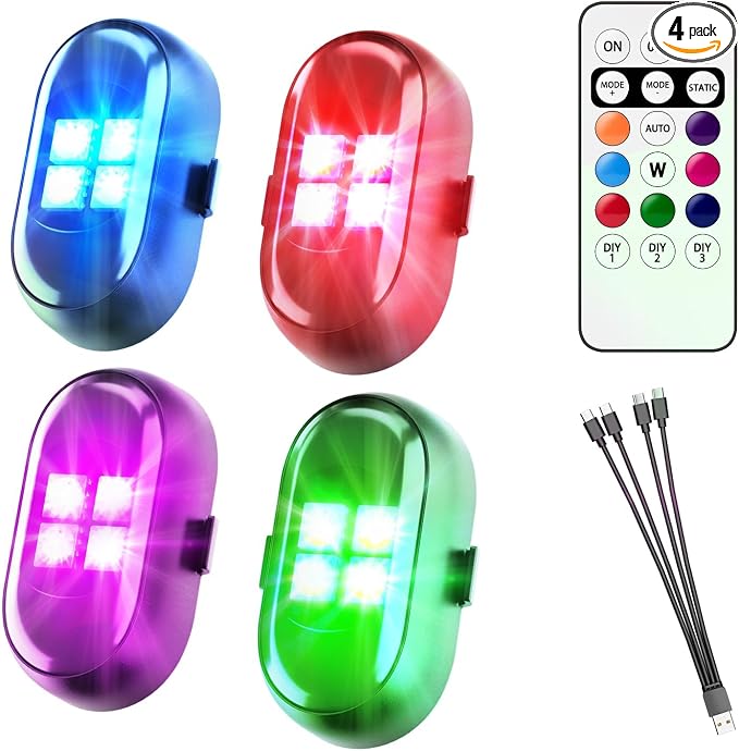 Wireless LED Lights for Car 4PCS, Interior Car Lights with Remote, USB-C Charging Strobe Lights, 80H Battery 8 RGB Colors IP65 Waterproof Ambient Lighting Car Accessories for Trucks Motorcycles Bike by PIDZOOM