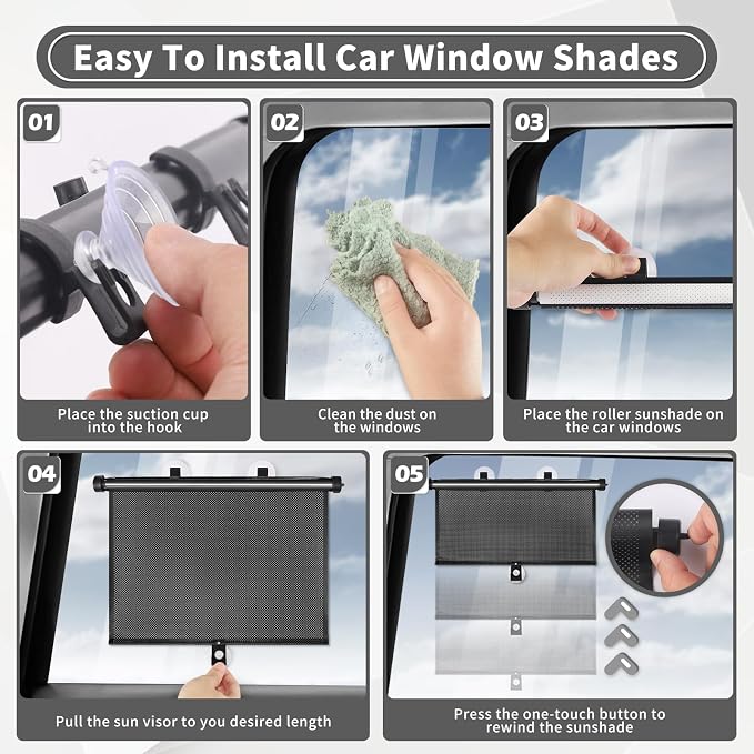 Sfee Car Window Shade for Side Windows, 4 Pack Sun Shade Retractable for Car Blocks Heat and UV Rays Glare Protection Roller Sunshade Visor for Baby, Kids, Pets, Passengers - Image 5