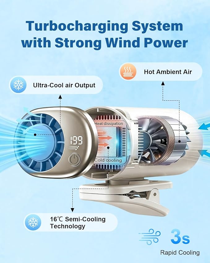 2026 Car Clip on Air Conditioner Fan with LED Display Portable Mini Cooling System 360° Rotation Adjustable 200 Speeds Rechargeable Handheld Gadget 16℃ Semi Wide Clamp for Vehicle Shirt Waist(White) - Image 4