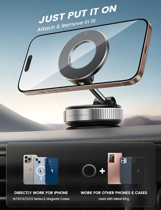 Lamicall for MagSafe Car Mount 70LBS Vacuum Suction Dashboard & Windshield | 20X Magnet Car Phone Holder 360° Foldable Magnetic Phone Holder for Your Car fit iPhone 17 16 15 14 Pro Max Gift Truck Silver - Image 5