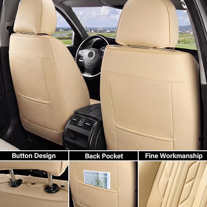 Coverado Car Seat Covers Full Set, Automotive Seat Covers Car Seat Protector Car Seat Cushion, Waterproof Leather Seat Covers for Cars, Universal Fit for Most Sedans SUV Pick-up Truck(Beige) - Image 2