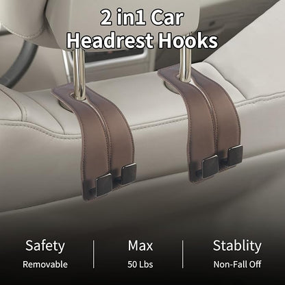 Leather Headrest Hooks for Car, 2 Pack Premium Car Seat Back Storage Hooks with Double Metal Hangers for Purses, Handbags, Groceries and Backpacks, Universal Heavy Duty Car Purse Holder Accessories - Image 3