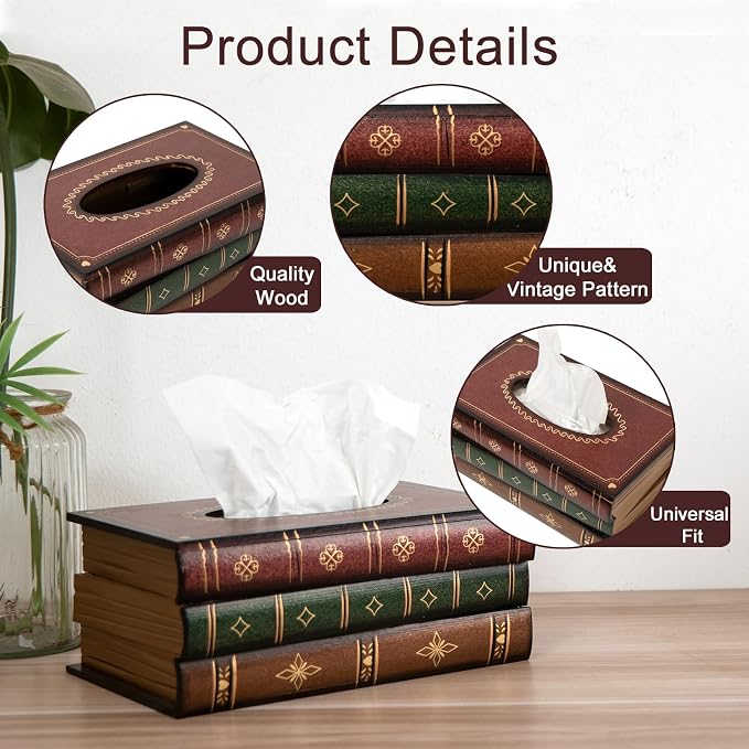 Crafted Classical Retro Wooden Antique Book Tissue Box Cover Tissue Holder Dispenser Paper Cover Case Napkin Holder Home Decor for Bathroom Living Room Office car Kitchen (red Rectangle) - Image 4
