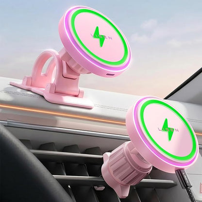 LISEN 15W MagSafe Car Mount Charger,[Light Pink] Magnetic Wireless Car Charger, Dashboard & Air Vent Car Phone Mounts, Car Phone Holder for iPhone 17-12, Samsung, Pixel, Cute Car Accessories for Women | [Light Pink & Purple LED light] Magsafe Car Mount... by Lisen