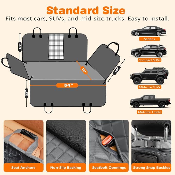 URPOWER 4 in 1 Dog Car Seat Cover for Back Seat, Waterproof Hammock | Mesh Window, Side Flaps, 600D Oxford, Scratch Resistant, Non-Slip, Easy Install, Machine Washable, Dog Seat Belt Included - Image 6