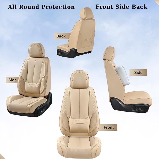 Coverado Car Seat Covers Full Set, Car Seat Protector Waterproof, Nappa Leather Car Seat Cushion, Beige Seat Covers for Cars, Front Seats and Back Universal Fit for Most Cars - Image 5