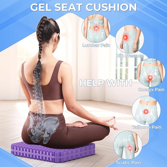 TushGuard Gel Seat Cushion for Long Sitting, Breathable Thick Patent Design | Enlarged Cooling Chair Pad for Office Chair, Wheelchair, Desk Chair, Supportive Car Cushion (2"Thick, Grey+Violet) - Image 6