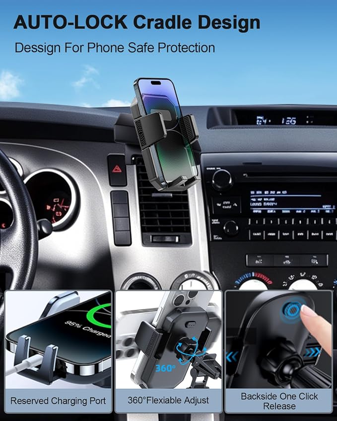Car Phone Mount for Toyota Tundra 2007 -2013 /Sequoia 2008-2013 Accessories | Custom Air Vent Auto Lock Car Phone Holder for Tundra Fixed Cilp Hands Free 360° Rotation Phone Stand for All Smartphone - Image 3
