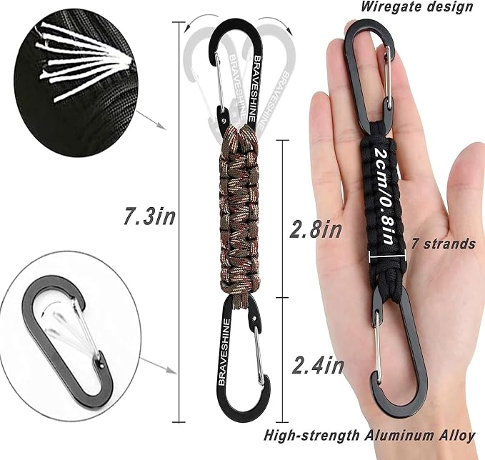 BRAVESHINE Paracord Keychain Carabiner Clip | D Ring Hanger Lanyard Hook | 7.3inch Long | for Stroller, Water Bottle, Key, Backpacks, Men, Women, Luggage, Car Seat Headrest, Fence, Bag Charms - Image 5