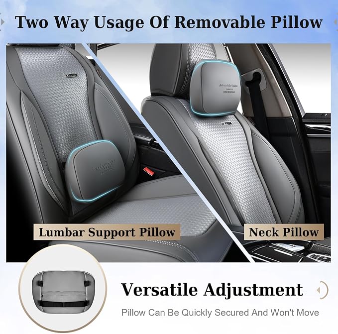 Coverado Car Seat Covers Full Set, Gray Seat Covers for Cars, Waterproof Nappa Leather Automotive Seat Covers with Lumbar Head Pillow, Car Seat Protectors, Universal Fit for Most Cars SUV - Image 2