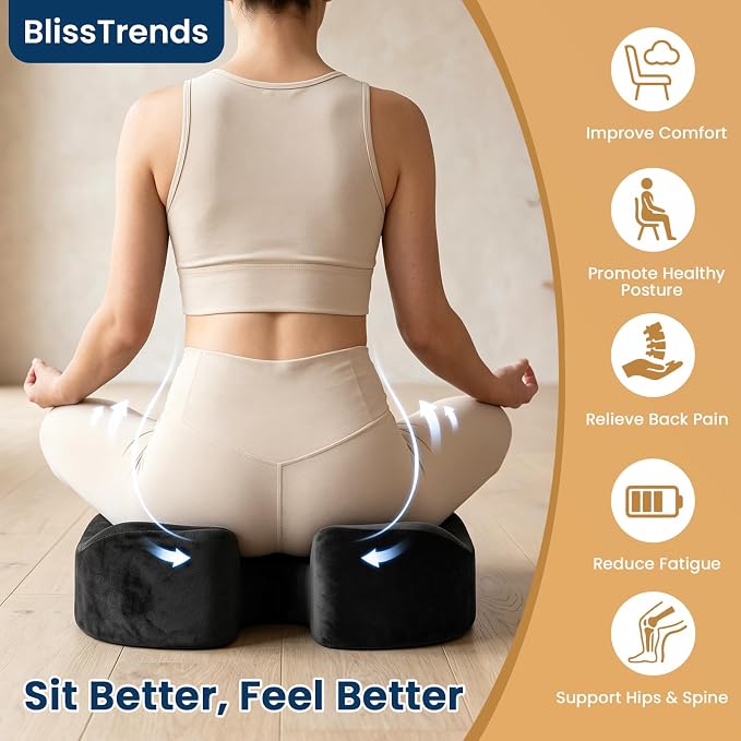 BlissTrends Memory Foam Seat Cushion for Office Chair & Car Seat, Black | Ergonomic Tailbone & Sciatica Support with Removable Velvet Cover for Pressure Relief and Long Sitting Comfort, 3.3" Thick - Image 3
