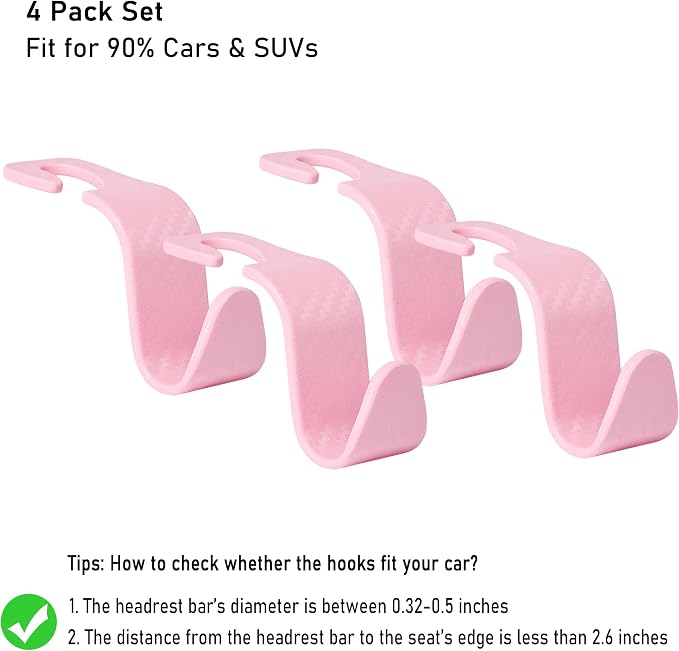 Car Seat Hooks 4 Pack - 55lb Heavy Duty Headrest Hook,Pink | Universal fit for most cars SUVs,Hang purses handbags coats umbrellas grocery bags,ABS plastic,Easy Installation - Image 2