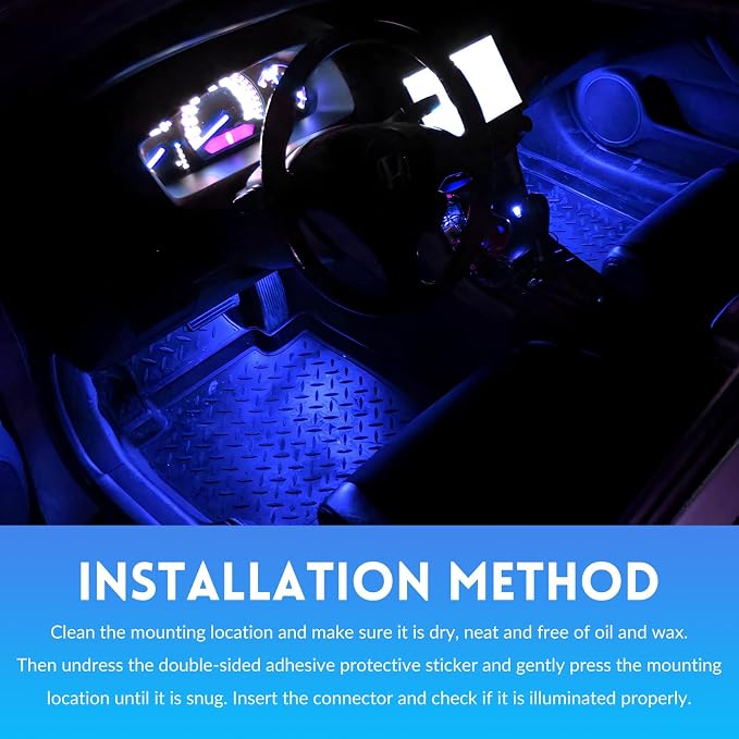 Car LED Strip Light, 12V 24 LEDs RGB Car Interior Atmosphere Lamp with USB Port, Vehicle Under Dash Floor Ambient Night Decorative Lighting Kit (Blue) - Image 6