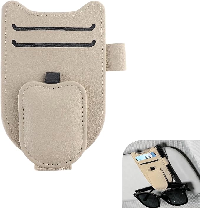 Sunglass Holder for Car, Leather Clip Sun Visor Sunglass Holder, Multi-functional Ticket Card Clip Organizer, Universal Visor Accessories, for Most Cars (Light Brown) by Unknown