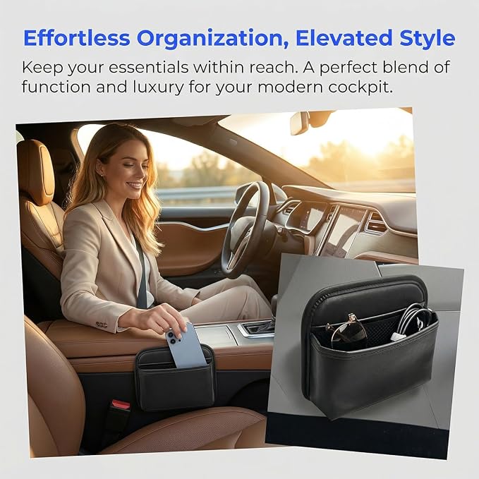 Car Seat Side Storage Bag, PU Leather Automotive Console Seat Gap Filler Organizer, Multifunctional Mini Vehicle Door Side Pouch for Phones, Keys, Wallets, Sunglasses (Black) - Image 3