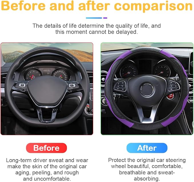 Osilly 15 Inch Carbon Fiber PU Leather Steering Wheel Cover, Purple | full-wrap protective surface, flexible ringless design, hand-stretch setup, fits matching rim sizes, automotive accessories - Image 4