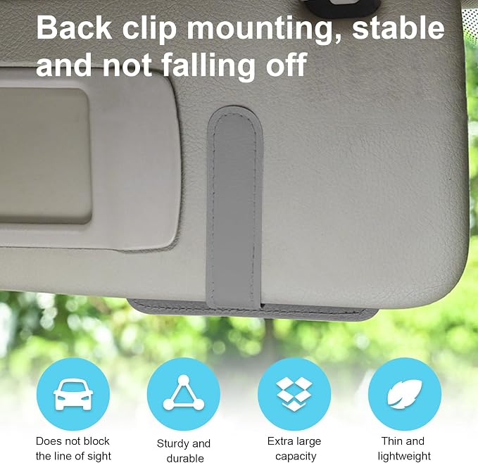 Dickno Small Leather Car Sun Visor Organizer, Multifunctional Auto Visor Document Holder with Sunglasses Clip, Universal Car Interior Organizer for Drving License, Card, Pen (Gray) - Image 5