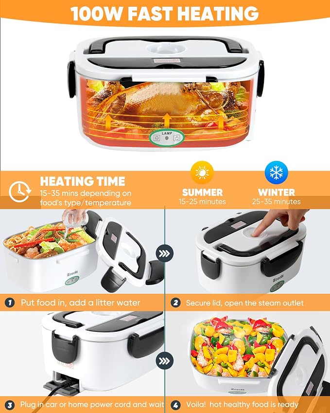 Eocolz Electric Lunch Box Food Heater 80-100W for Adults, Portable Food Warmer Heated Lunch Box for Car Truck Work with 1.5L Stainless Steel Container Fork & Spoon 12/24/110V Lonchera Eléctrica - Image 7