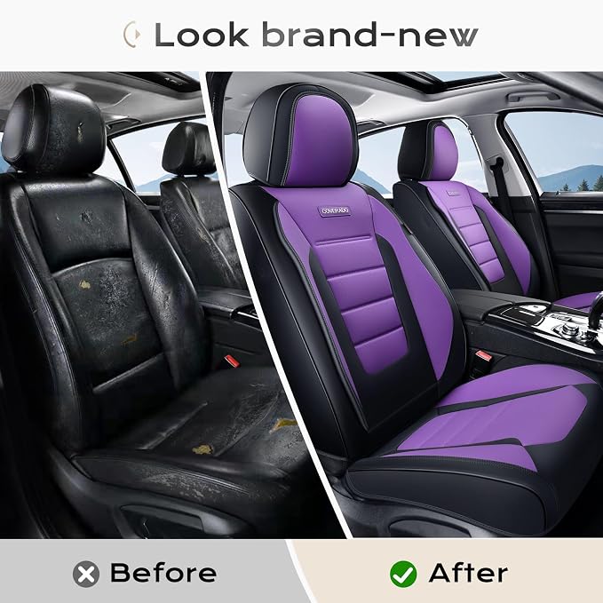 Coverado Car Seat Covers Front, Seat Covers for Cars, Waterproof 2-Pack Car Seat Cushions, Leather Carseat Seat Protectors, Universal Seat Covers Fit for Most Sedans SUV Pick-up Trucks(Black&Purple) - Image 8