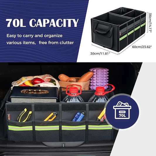 Coverado Car Trunk Organizer - 70L Nappa Leather Trunk Organizer for SUV with Lid, Multi Collapsible Car Storage Organizer Foldable, Multi Compartments with 2 Straps for SUV/Truck - Image 2