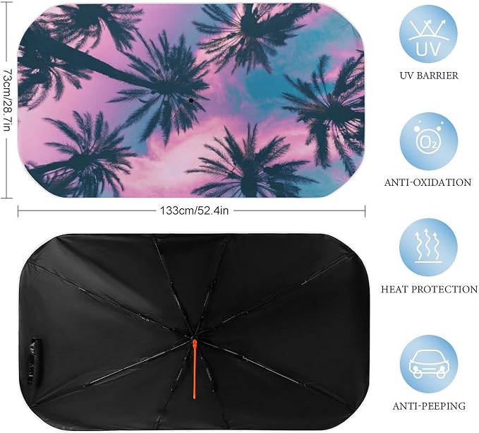 Palm Trees Car Windshield Sun Shade Umbrella, Car Windshield Sunshades Cover with 360¡ã Rotation Bendable Handle, Foldable Sun Shade for Most Vehicles - Image 3