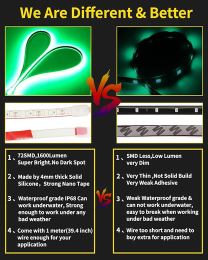 YM E-Bright IP68 Waterproof LED Strip Lights, 24inch 72SMD 12V Green 4 Pack | Cuttable underglow strips suit compatible cars, motorcycles, boats, and golf carts for interior or exterior accent lighting. - Image 2