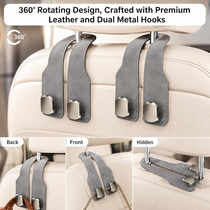 4 Pack Car Headrest Hooks, Dual Metal Hooks, Stylish Gray | Premium leather with dual metal hooks and anti-drop design. Holds purses, bags, coats, and groceries securely. - Image 3