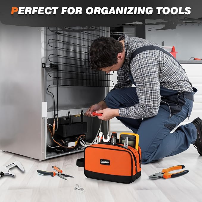10" Small Tool Bag, Divider Zipper Pouch Tool Box Organizer | Waterproof, Heavy-duty Oxford, Smooth Zipper, Handle, Storage Case for Car Work Tool. Electrician Gift,Orange - Image 6