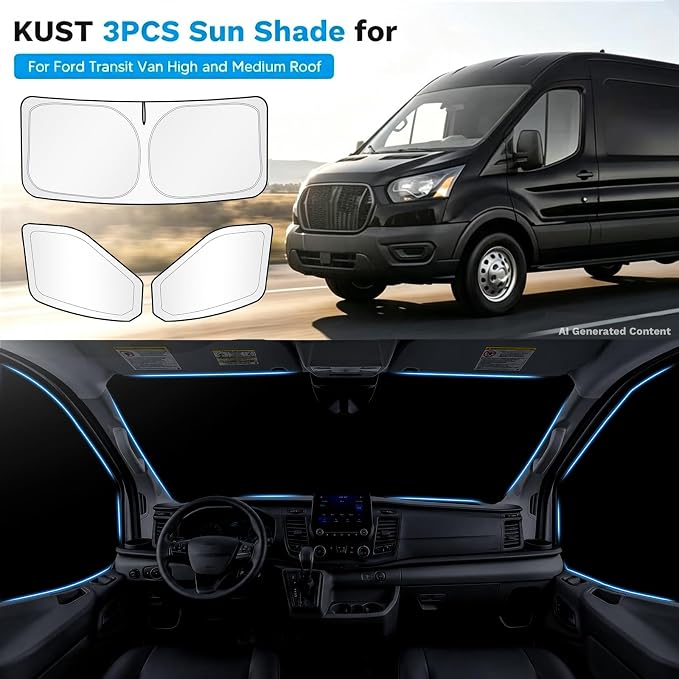 KUST Window Sun Shade for 2015-2026 Ford Transit Van High and Medium Roof (NOT fit for Low Roof), Interior Accessories Sunshade Full Coverage Window Shades Silver & Black Shade, 3-Pack - Image 3