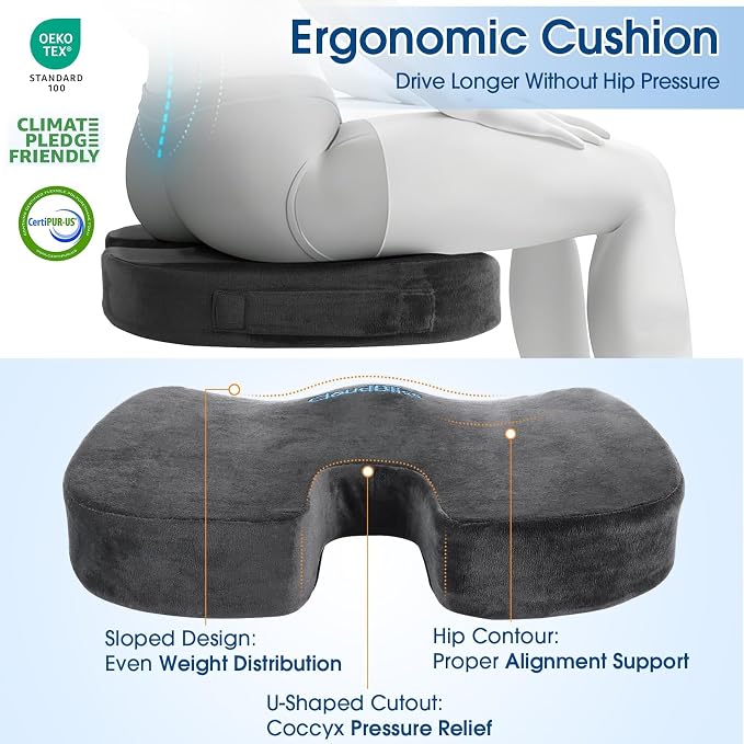 CloudBliss Ergonomic Seat Cushion & Lumbar Support Pillow Set, Grey, XL | Back Pain & Sciatica Relief, Memory Foam Support, Adjustable Straps, Machine Washable Velvet, Perfect for Office, Car, Gaming - Image 6