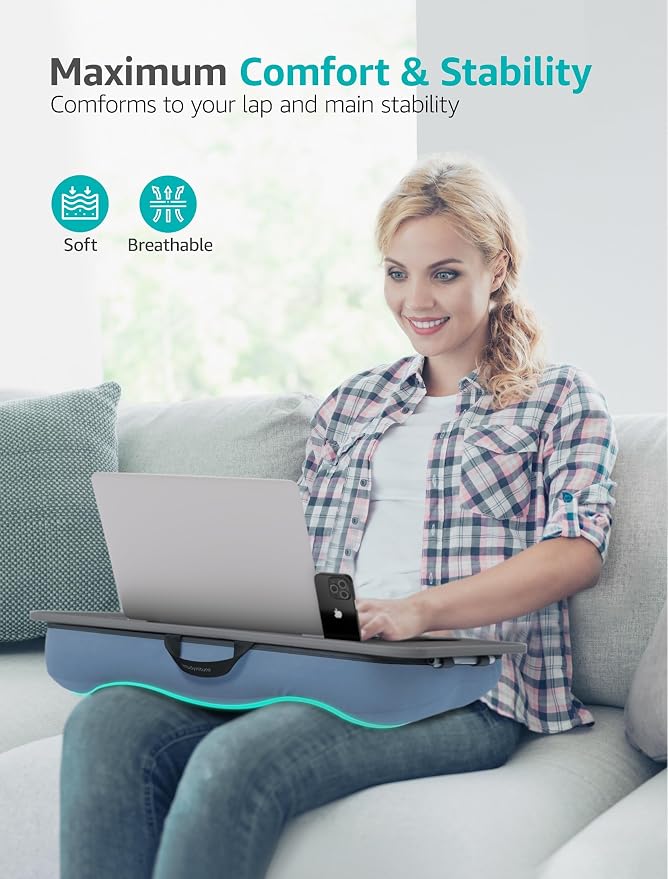 Istudyniture Lap Desk | Portable Laptop Desk & Stand – Fits Up to 17 inch – Washable Cushion, Built-in Phone Holder – for Bed, Couch, Sofa, Floor – Writing, Reading, Home Office – Large, Grayish Blue - Image 3
