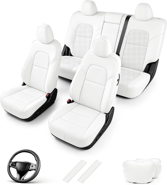 AOMSAZTO Seat Cover for Tesla Model Y 2020-2025 Not for Juniper/Performance | 4-Pieces Set with Seatbelt Cover,Steering Wheel Covers, Headrests,5 Seats Faux Leather Waterproof,Airbag Compatible-White by AOMSAZTO