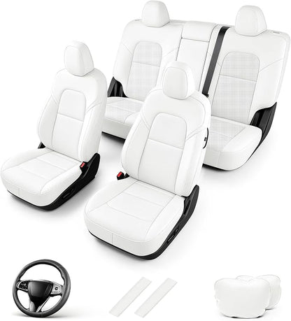 AOMSAZTO Seat Cover for Tesla Model Y 2020-2025 Not for Juniper/Performance | 4-Pieces Set with Seatbelt Cover,Steering Wheel Covers, Headrests,5 Seats Faux Leather Waterproof,Airbag Compatible-White by AOMSAZTO