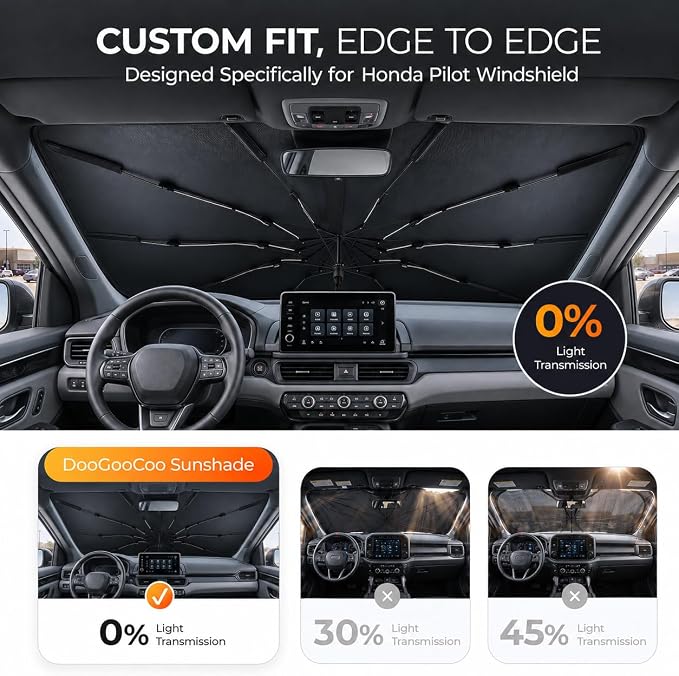 [2026 Upgraded] DooGooCoo Windshield Sun Shade Umbrella for Honda Pilot 2015-2025 2026 [100% Sunlight Blocked, Cooling Ice Crystal] Sunshade for Car Windshield for Pilot Sun Shade, Custom Fit Pilot. - Image 5
