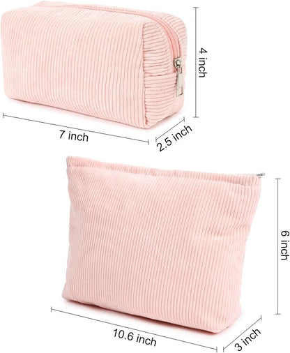 SOIDRAM 2 Pieces Makeup Bag Large Corduroy Cosmetic Bag Capacity Canvas Mix Travel Toiletry Bag Organizer Cute Makeup Brushes Aesthetic Accessories Storage Bag for Women, Corduroy Mix Pink - Image 3