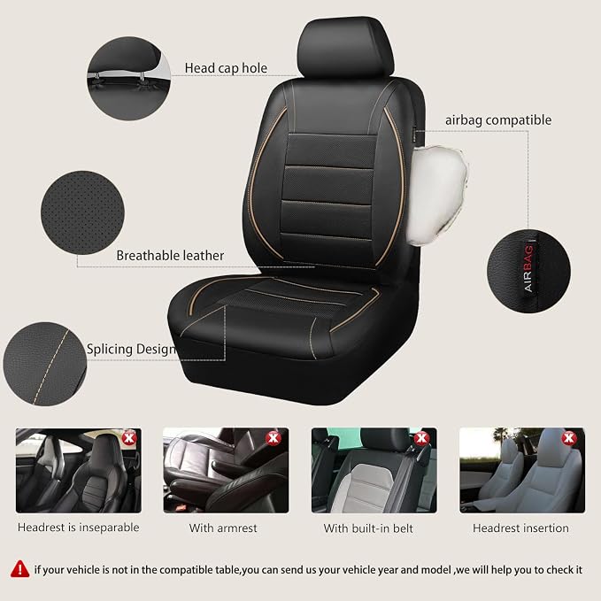 CAR PASS Universal FIT Piping Leather Car Seat Cover, for suvs,Van,Trucks,Airbag Compatible,Inside Zipper Design and Reserved Opening Holes (Full Set, Black and Beige) - Image 3
