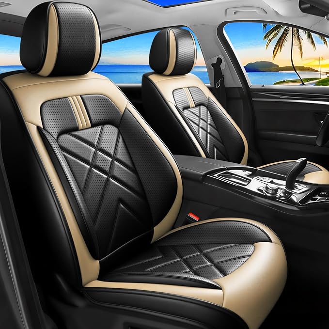 Optima Car Seat Covers Fit for Kia Optima 2002-2020, Premium Full Coverage Leather Automotive Seat Protectors, All Seasons Waterproof Breathable, Airbag Compatible, Full Set Seats Black Beige by Unknown